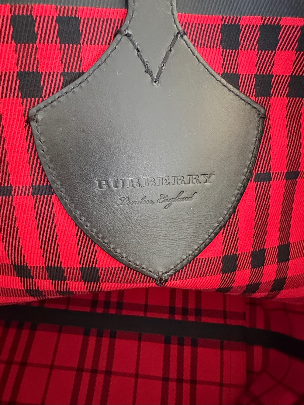 Burberry Navy, Green, Cream Plaid Tote with Black Leather Trim - Picture 7 of 7